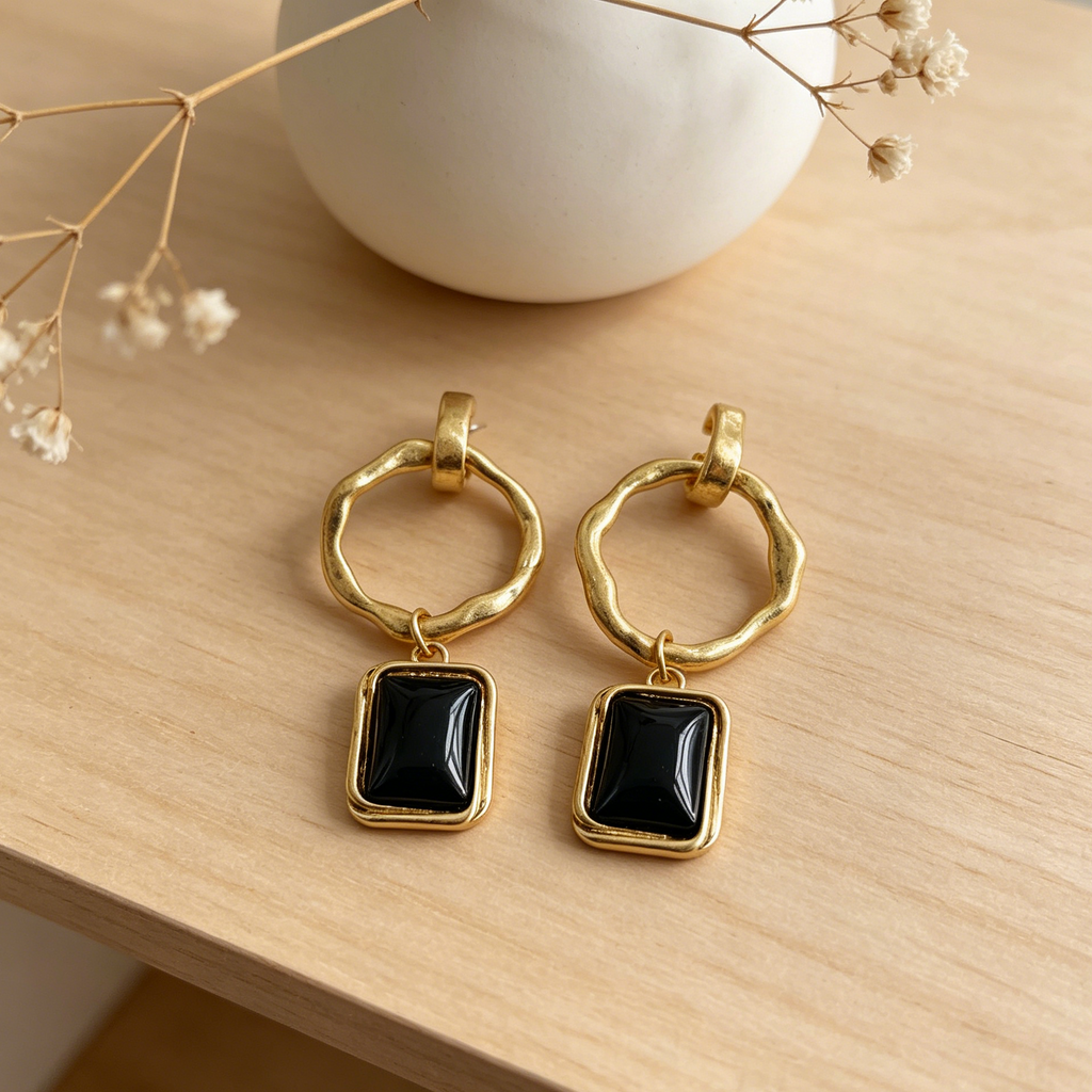 Pendientes Colgantes Aro Irregular con Piedra Rectangular Resina, 3 Colores Oro/Antiguo Plata/Negro, Joyería de Moda al Por Mayor para Mujer|JI JOYA