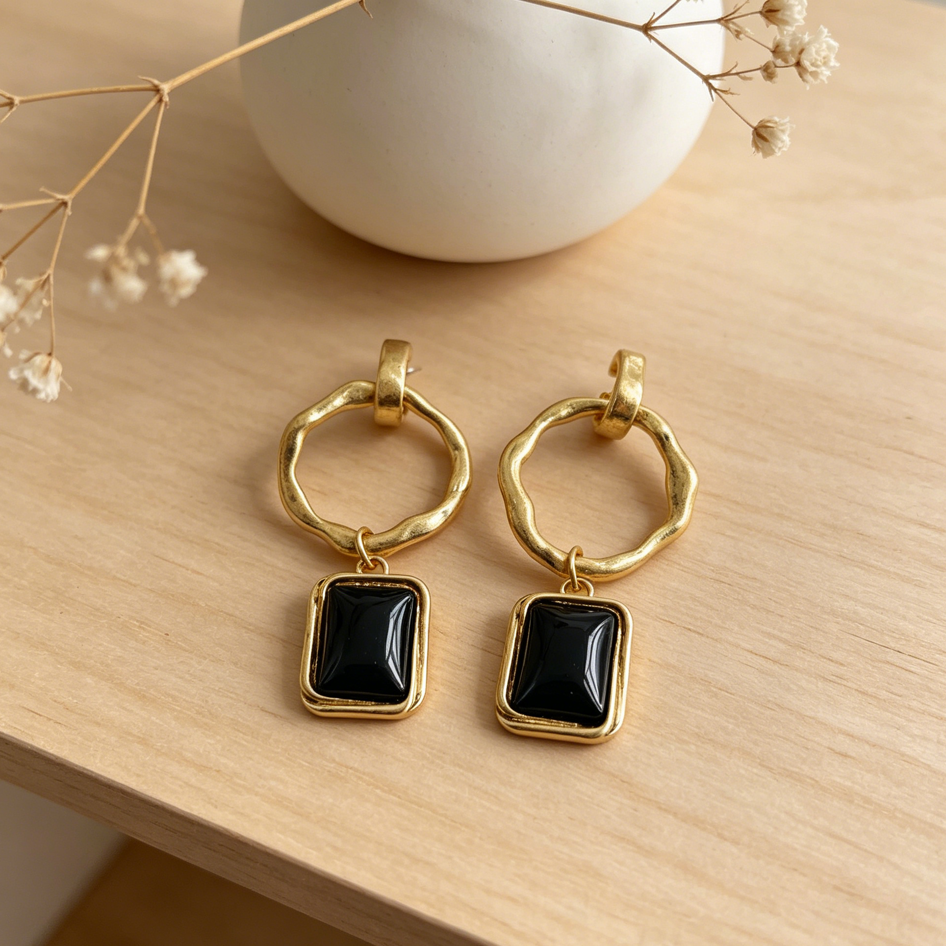 Pendientes Colgantes Aro Irregular con Piedra Rectangular Resina, 3 Colores Oro/Antiguo Plata/Negro, Joyería de Moda al Por Mayor para Mujer|JI JOYA