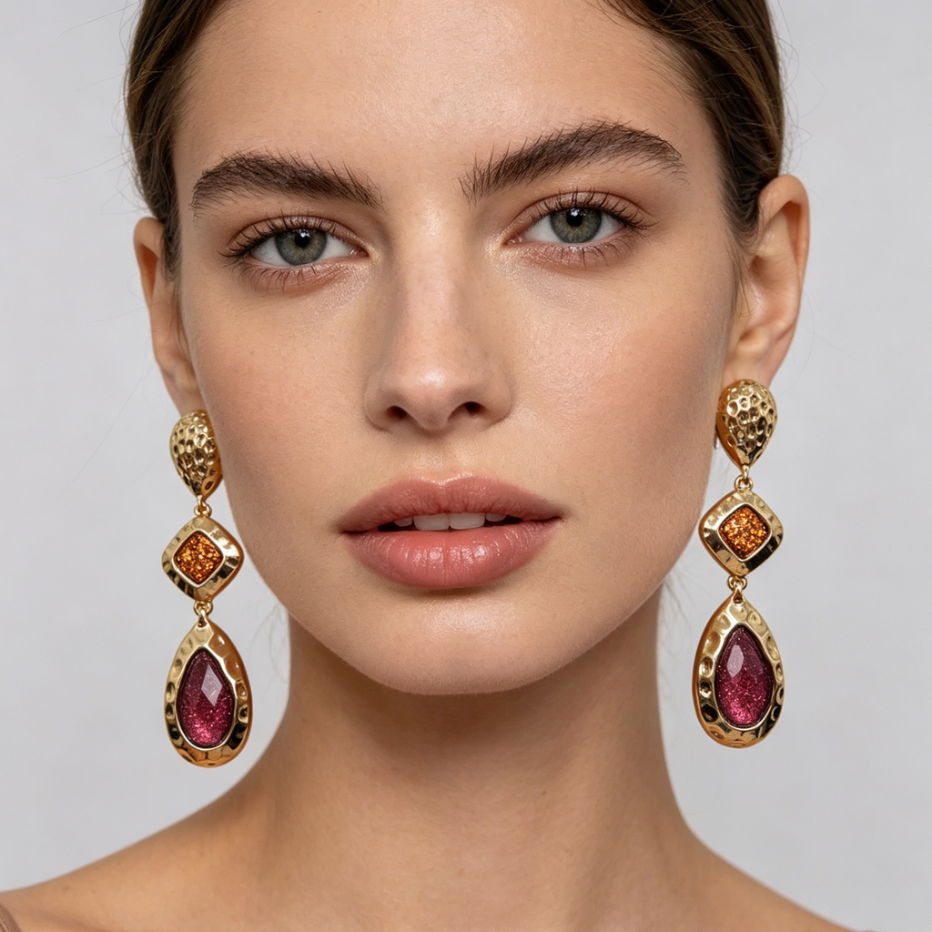 Pendientes Largos Texturizados con Piedras Brillo Dorado y Plata | Accesorio Moda Mayorista Bisutería|JI JOYA