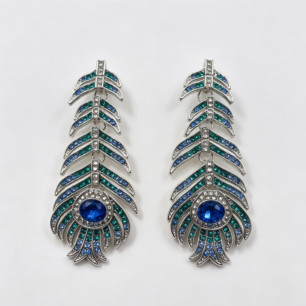 Pendientes de Pluma de Pavo Real con Cristales de Zafiro y Esmeralda - Joyería de Moda al Por Mayor|JI JOYA