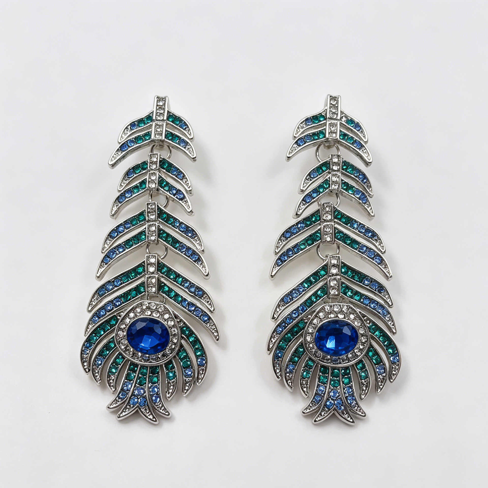 Pendientes de Pluma de Pavo Real con Cristales de Zafiro y Esmeralda - Joyería de Moda al Por Mayor|JI JOYA