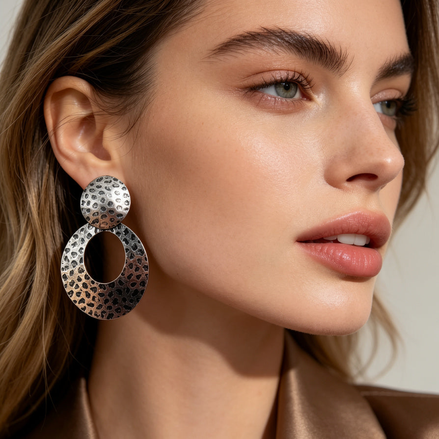 Arete Colgante Geométrico de Textura Martillada, Oro/Plata, Venta al Por Mayor|JI JOYA