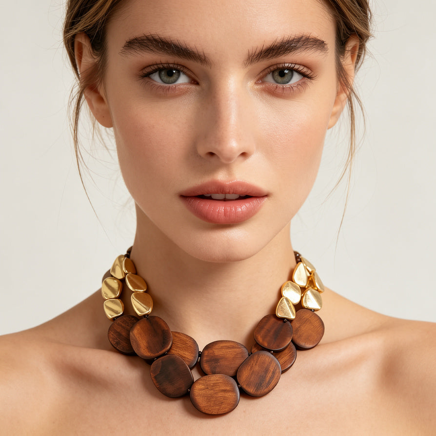 Collar de Madera y Metal Dorado/Plateado - Estilo Boho Minimalista para Mujer|JI JOYA