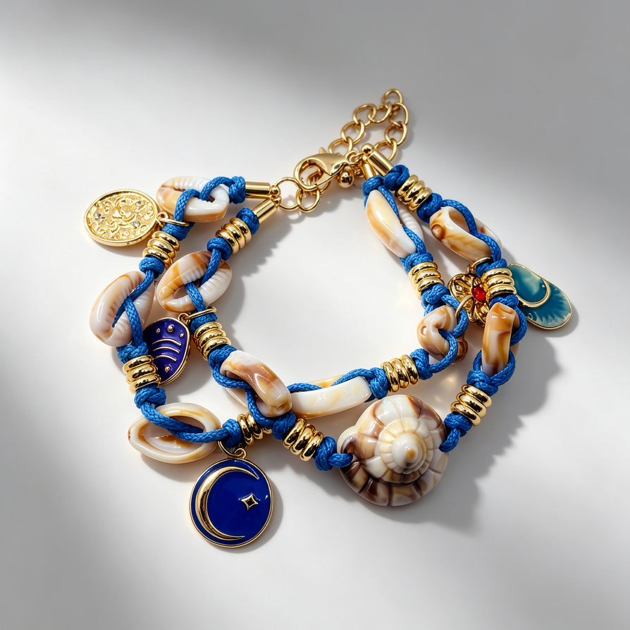 Pulsera de Doble Cuerda Azul con Conchas Naturales y Dijes de Luna | Joyería de Playa Bohemia para Mujer - Mayorista