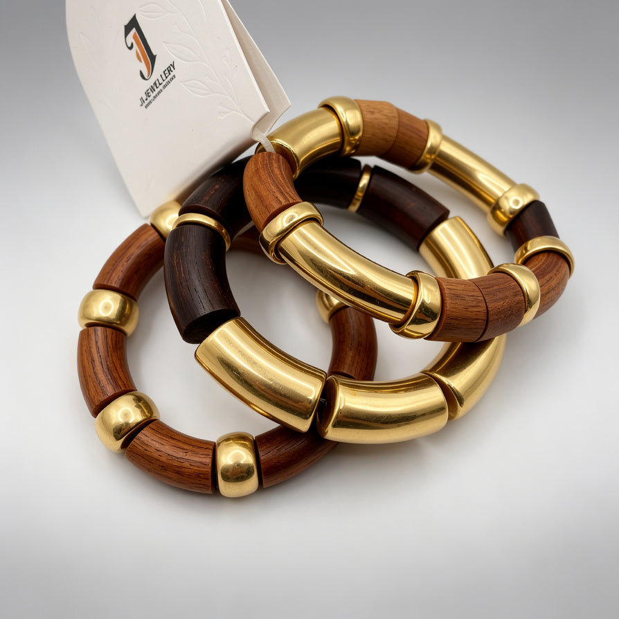 Pulseras de Madera Natural con Detalles Dorados | Lote de 3 Brazaletes |venta al por mayor|JI JOYA