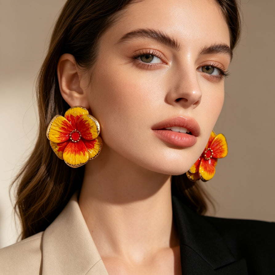 Aretes de Flor Grande con Esmalte Amarillo-Rojo | Joyería al Mayoreo para Mujer | Pendientes de Temporada| JI JOYA