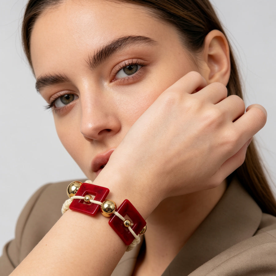 Pulsera Geométrica de Resina con Bolas Doradas | Mayorista Accesorios de Moda Personalizable|JI JOYA
