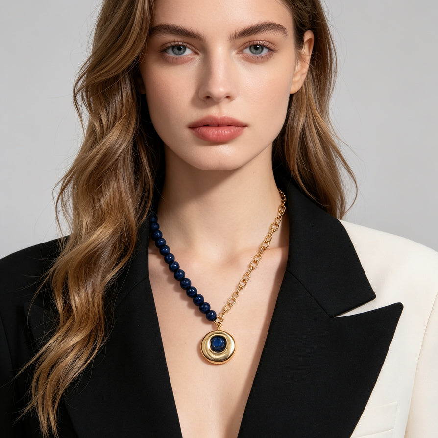 JI JOYA VENTA AL POR MAYOR|Collar Mayorista de Moda con Dije de Piedra & Cadena de Perlas, 2 Colores Disponibles (Rosa y Azul) - Joyería de Aleación de Zinc para Tiendas