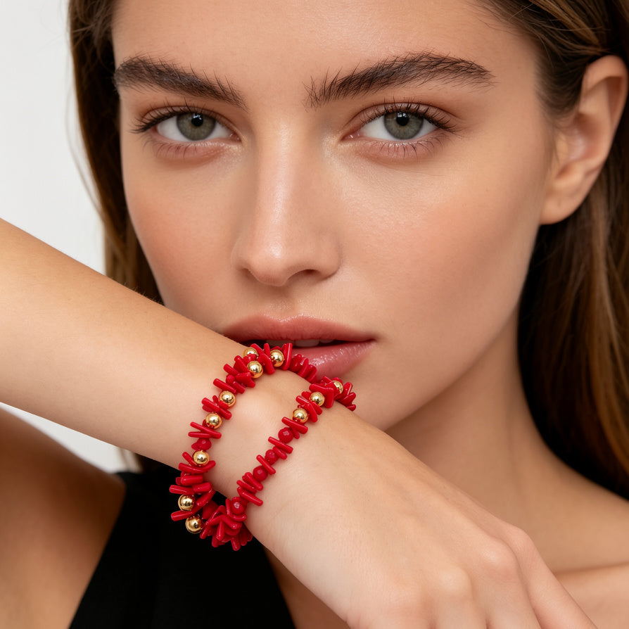 Pulsera de Coral Rojo con Bolas Doradas | Mayorista de Bisutería Moda al Por Mayor|JI JOYA