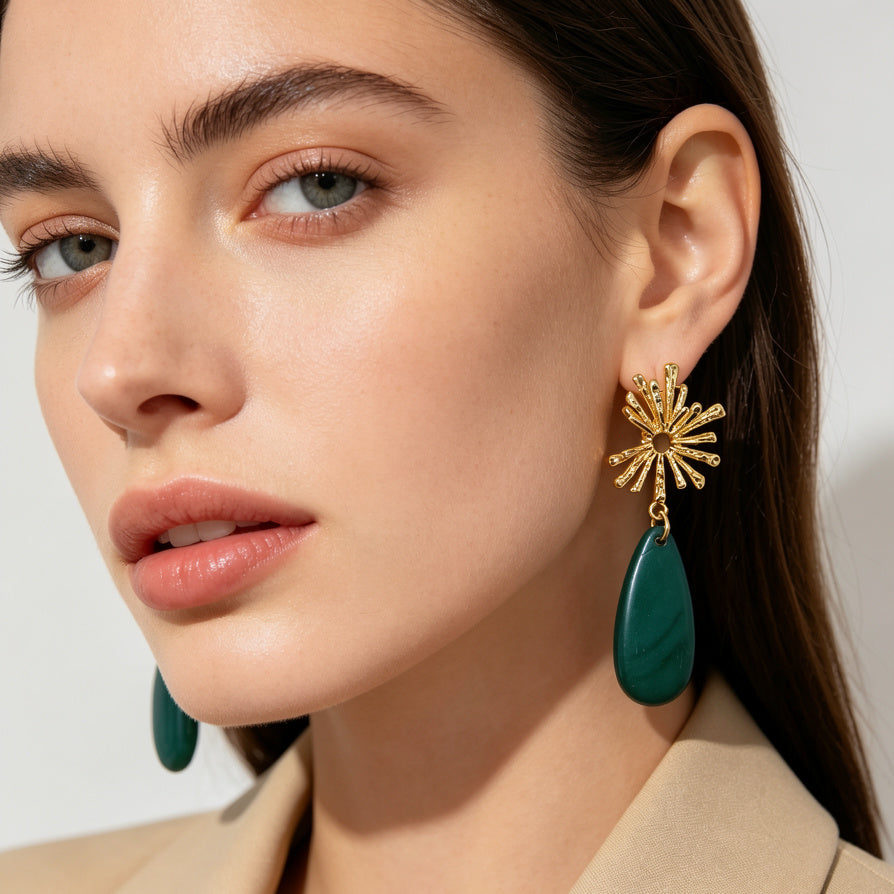 Pendientes Gota Resina con Sol Dorado - 4 Colores | Mayorista de Joyería Moda|JI JOYA