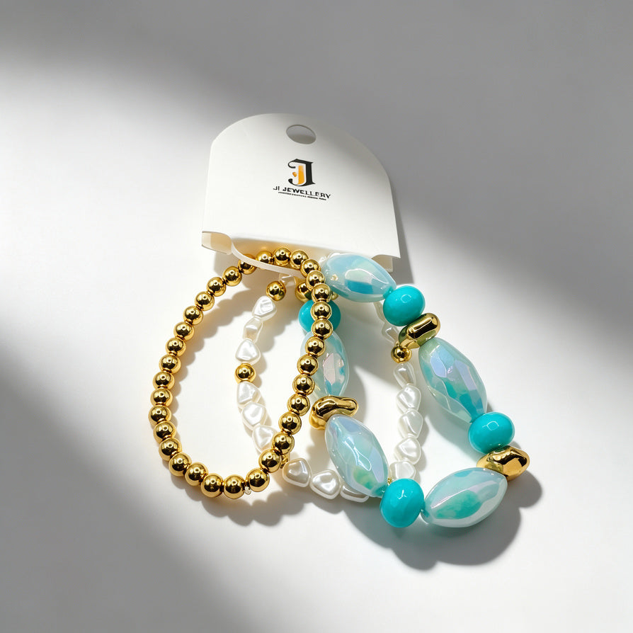 Pulseras de Perlas y Piedras de Colores - Set de 3 Piezas con Baño de Oro para Mujer | Joyería al Por Mayor|JI JOYA