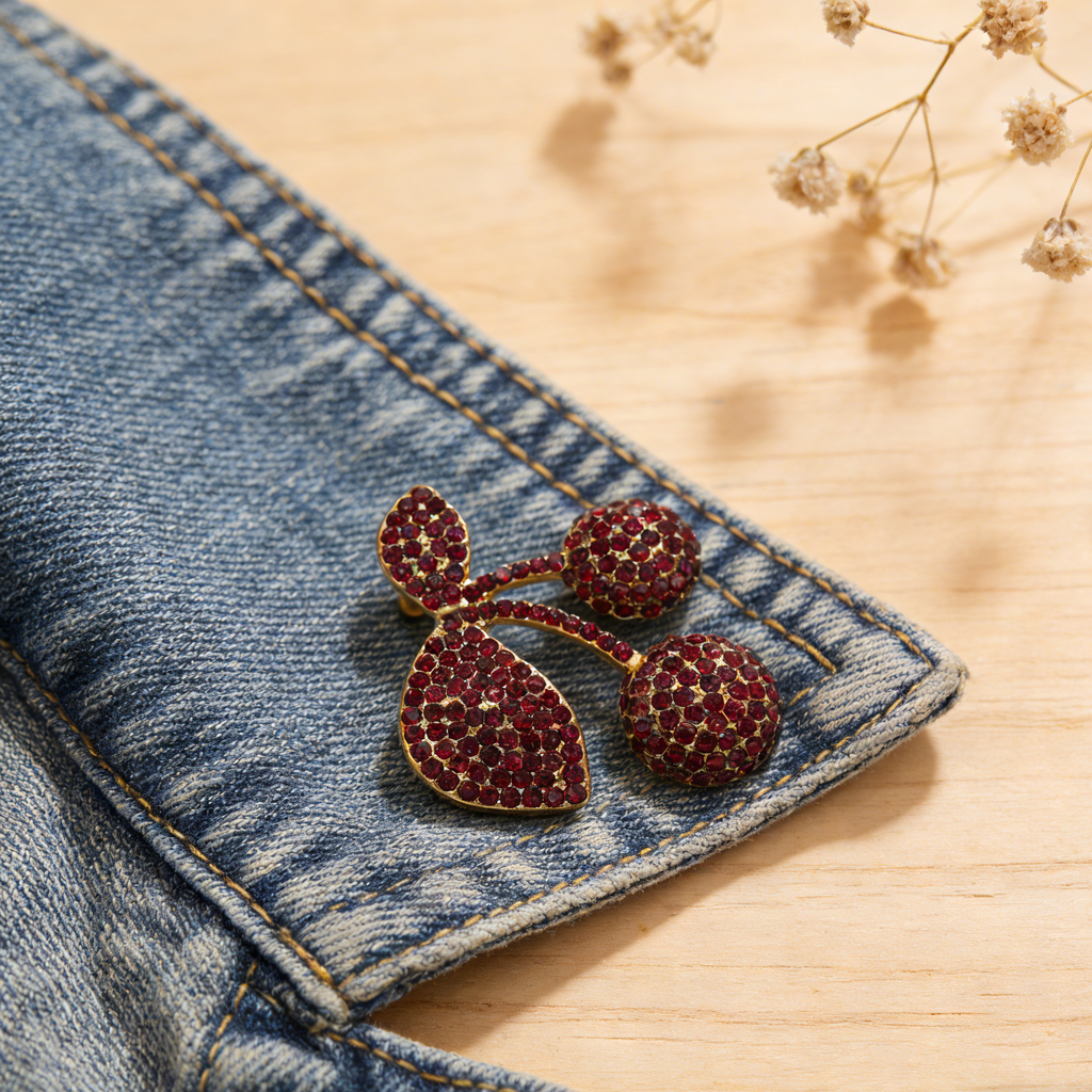 Broche vintage de cereza con cristal rojo rubí | Pin llamativo de lujo bañado en oro de JI JEWELLERY