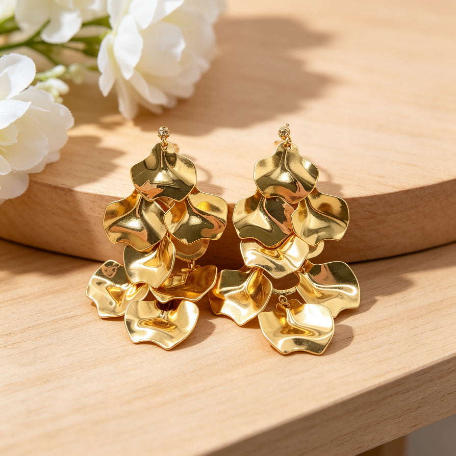 Pendientes de pétalos de metal dorado/plateado al por mayor | Diseño minimalista de lujo para mujer|JI JOYA