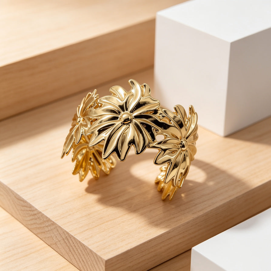 Brazalete Ajustable de Flores en Metal Chapado en Oro/Plata | Joyería Mayorista para Mujer|JI JOYA