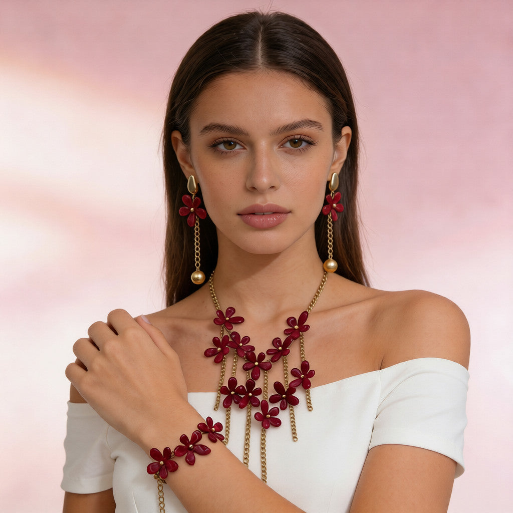 【Amuleto Floral Primaveril】Conjunto de joias com borlas florais retro: colar, brincos e pulseira de design único (conjunto de 3 peças)