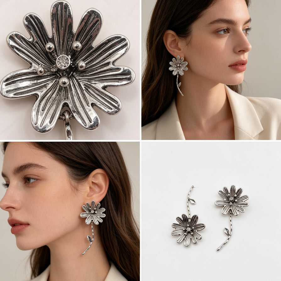 Pendientes Colgantes de Flor Asimétrica, Diseño Vintage, Oro y Plata, Mayoreo B2B|JI JOYA