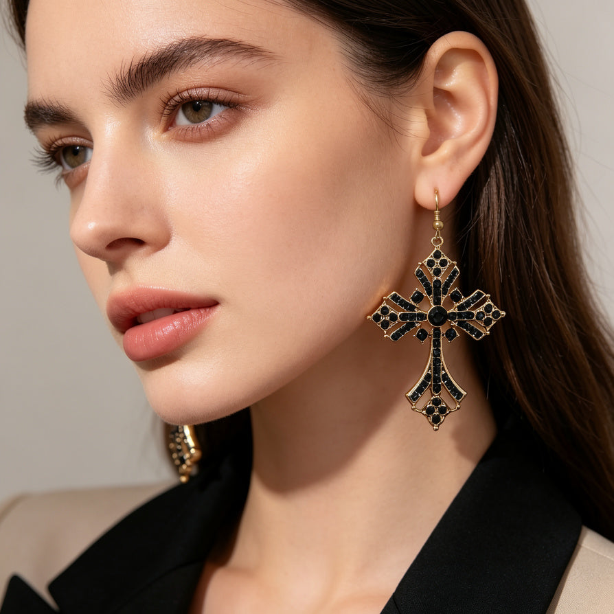 endientes de Cruz Vintage con Cristales Negros, Dorado/Plateado, Joyería de Moda al Por Mayor para Mujeres|JI JOYA