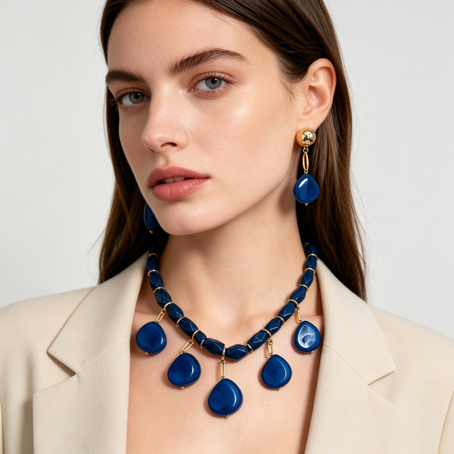 Set de Collar y Pendientes de Piedra Resina Colorida | Joyería de Moda Mayorista | Diseño Elegante para Mujeres|JI JOYA