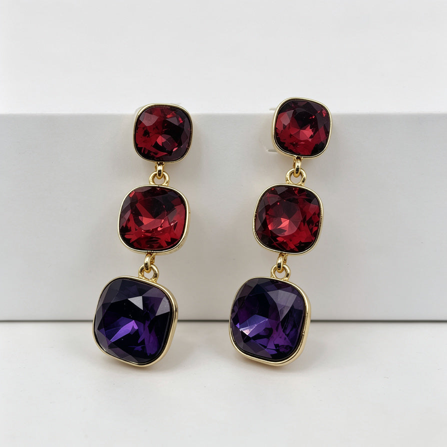 Aretes de Cristal Colgantes de 3 Piedras con Montura Dorada - Mayorista de Moda|JI JOYA