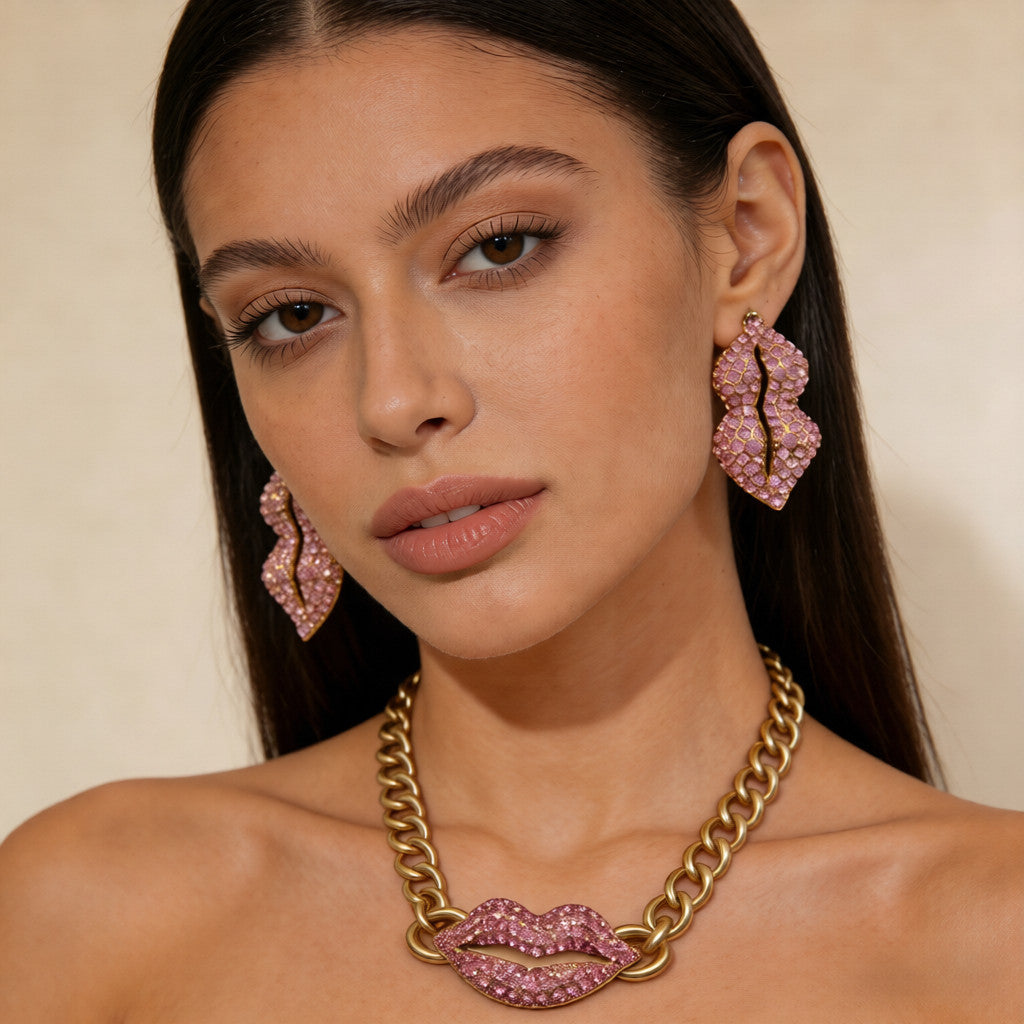 Collar Labios de Cristal Rosa con Cadena de Oro - Colección Glamour