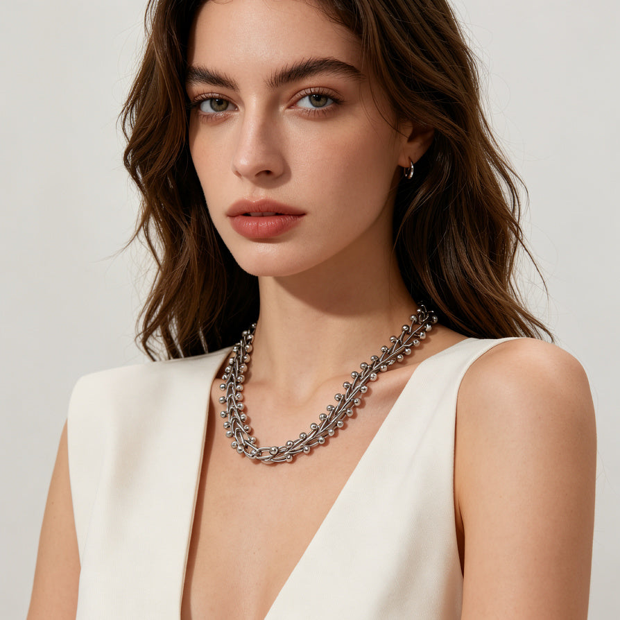JI JOYA VENTA AL POR MAYOR|Collares de Moda en Zinc Aleación, Diseño de Hojas y Bolas, 3 Colores (Oro Rosa/Oro/Plata), Joyería al Por Mayor para Mujer