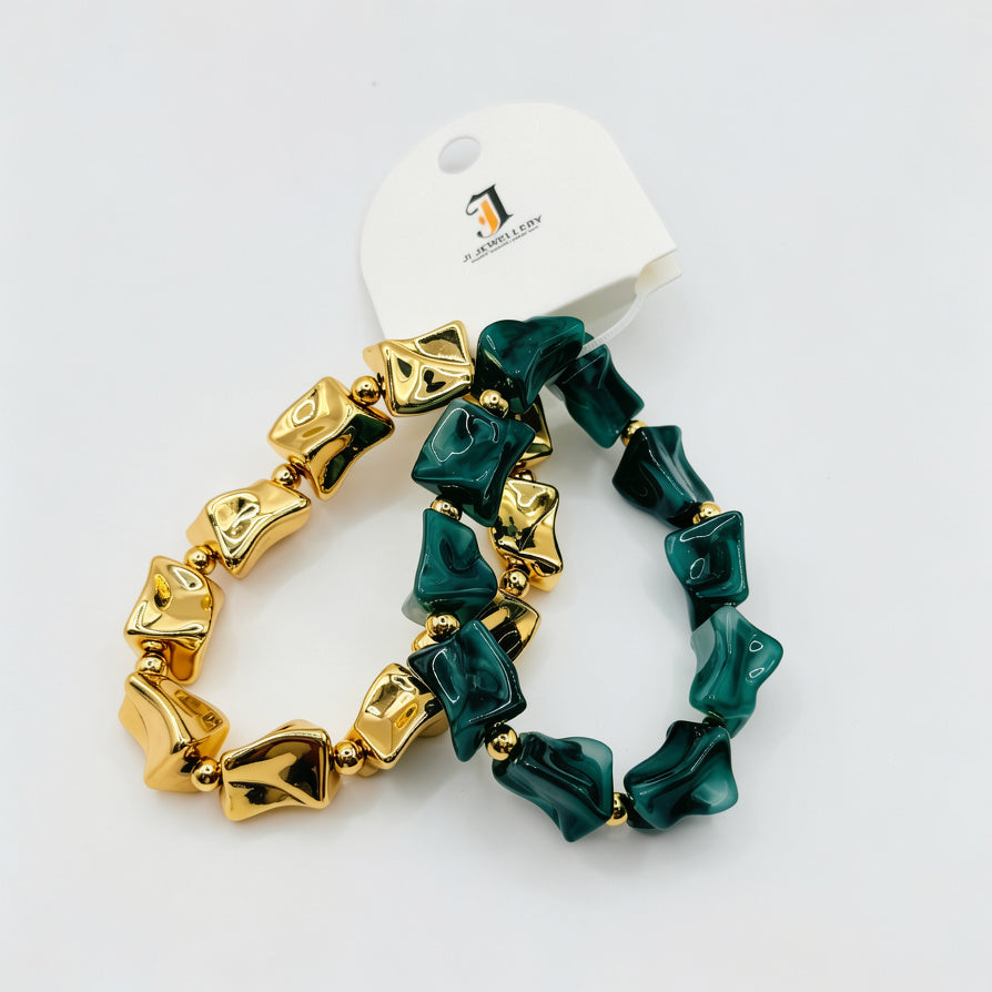 Pulsera Elástica de Cuentas Irregulares de Resina y Metal - Diseño Minimalista de Lujo para Mujer, 4 Colores, Mayoreo|JI JOYA