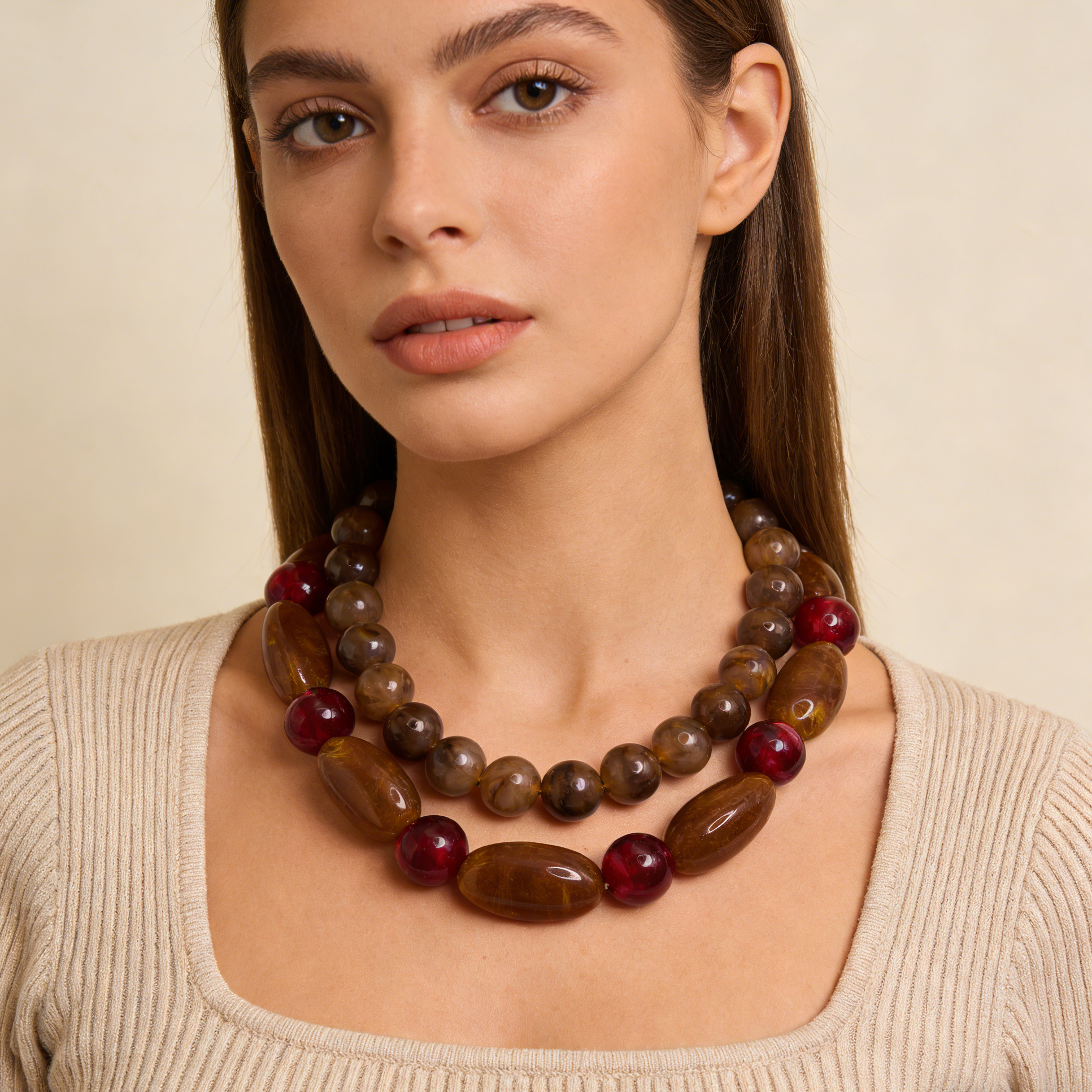 Collar de cuentas de doble capa con bloques de color, gargantilla retro chic, perfecto para el uso diario.