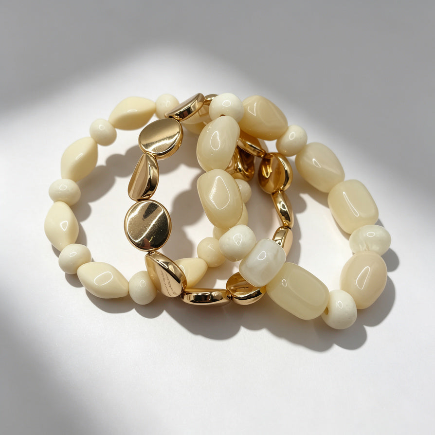 Pulseras de piedras naturales en tonos crema con detalles dorados, lote al por mayor | Accesorios de moda elegantes para mujer|JI JOYA