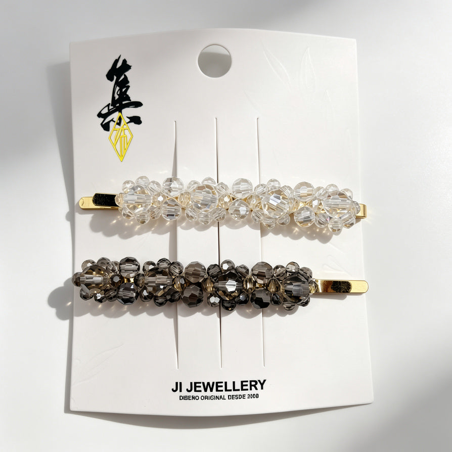 JI JEWELLERY Set de 2 Pasadores de Pelo de Cristal, Transparente y Humo, Para Mujer, Mayorista|JI JOYA