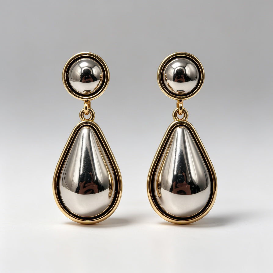 Pendientes de Gota Doble Color Oro/Plata - Bisutería de Aleación de Zinc al Por Mayor - Elegantes y Versátiles para Mujer|JI JOYA