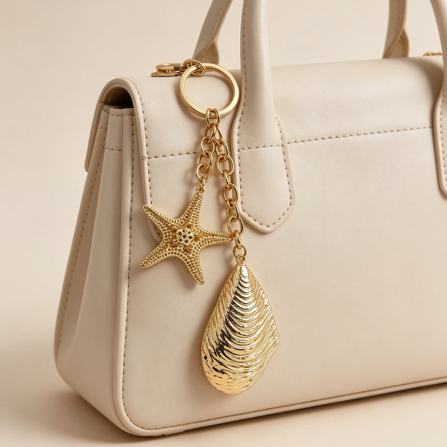 Llavero de Metal Dorado con Estrella de Mar y Concha | Accesorio Marino para Bolsos y Llaves - Mayorista|JI JOYA