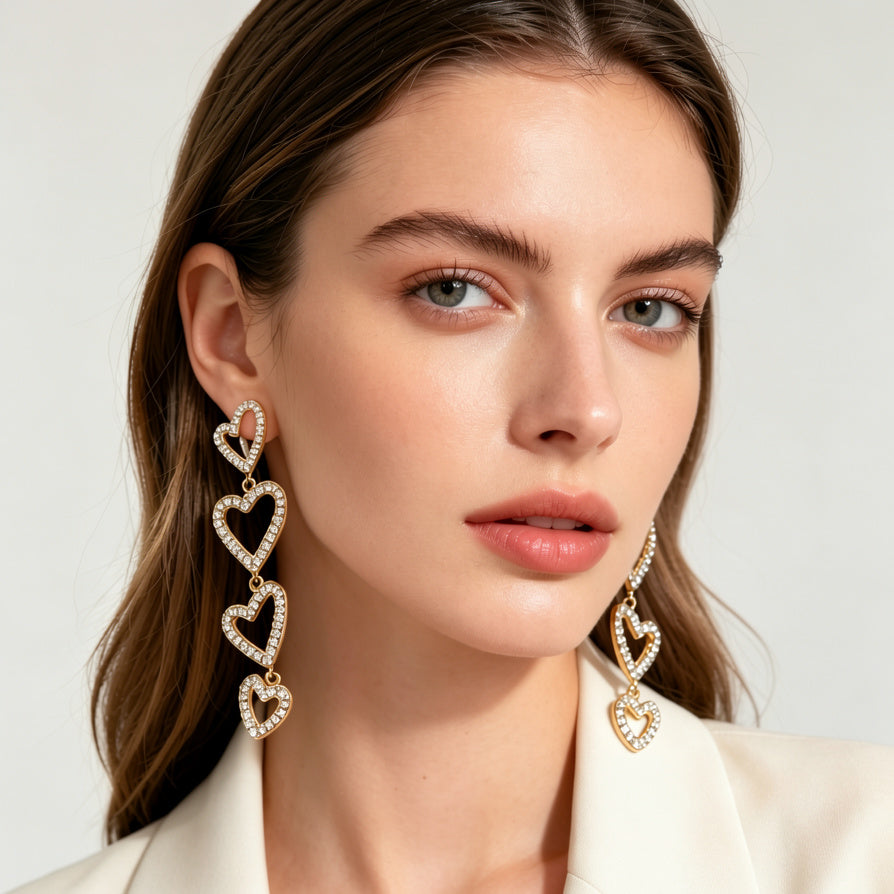 Pendientes de Corazón Colgante con Circonitas - Plata y Dorado - Joyería al Por Mayor|JI JOYA