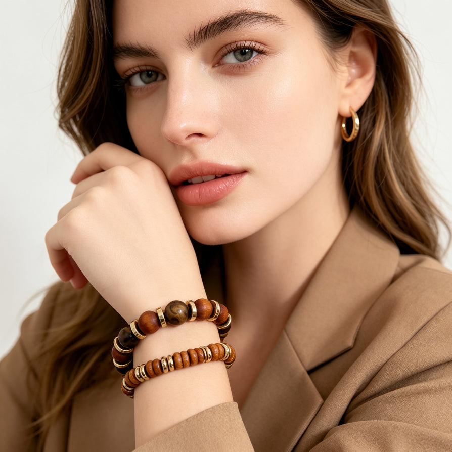 Pulsera de Madera y Ojo de Tigre con Detalles Dorados - Joyería al Por Mayor para Tiendas|JI JOYA
