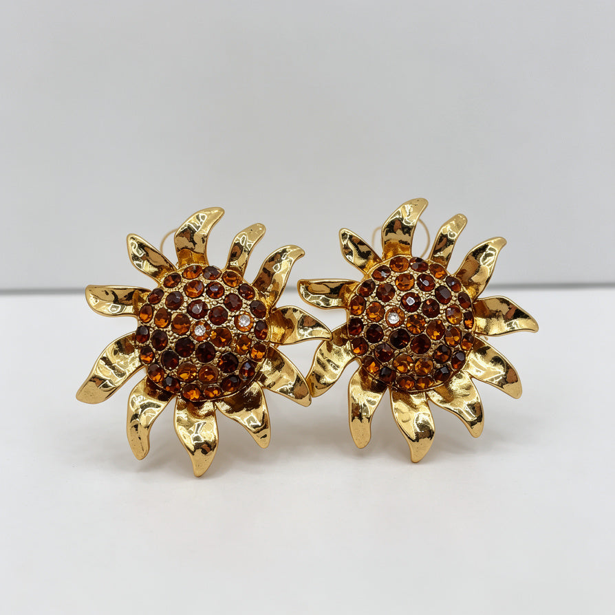 Pendientes Girasol Vintage Dorado con Cristales Topacio - Joyería de Moda al Por Mayor|JI JOYA