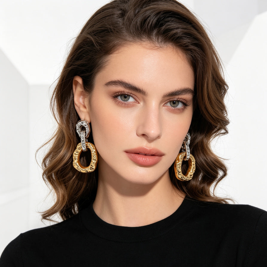 Pendientes Colgantes Geométricos Irregulares en Dos Tonos - Bisutería al Por Mayor|JI JOYA