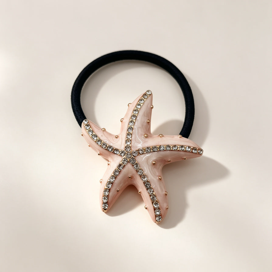 Coletero de Pelo con Diseño de Estrella de Mar Azul/Beige Claro con Cristales - Venta al Por Mayor|JI JOYA