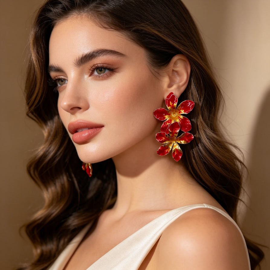 Pendientes de Doble Flor Roja y Dorada | Joyería Mayorista de Moda|JI JOYA