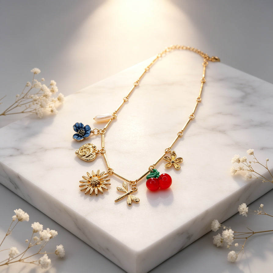Collar Charms España - Cereza, Flor y Libélula - Joyería Artesanal para Mujer|JI JOYA