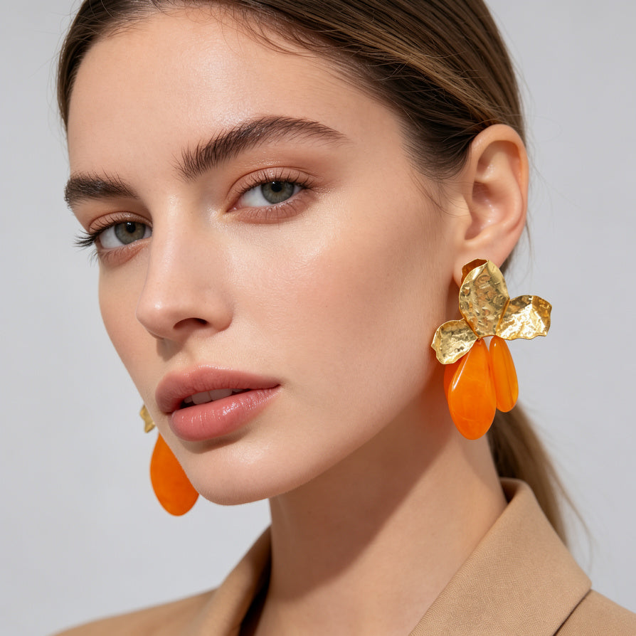 Lote de Pendientes de Flor Dorada con Colgante Resina - Mayorismo | Diseño Minimalista y Elegante, Ideal para Revendedores|JI JOYA