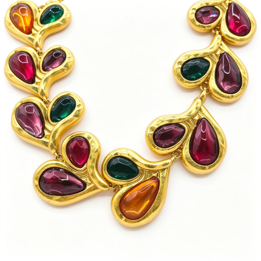 Set de Joyería Vintage Dorada con Piedras Multicolores | Collar + Pendientes + Cinturón - Venta al Por Mayor|JI JOYA