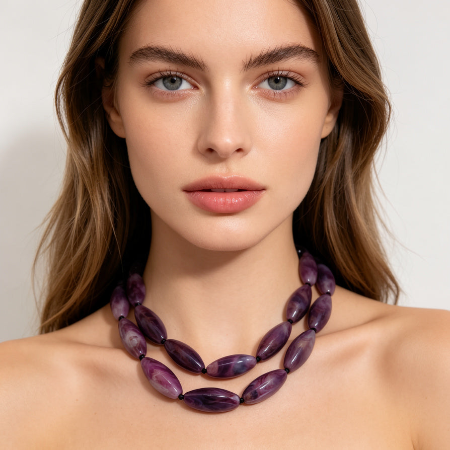 Set de Joyería al Por Mayor Collar Pulsera Pendientes, Cuentas Elípticas Marmoladas, 2 Tonos Morado y Azul Marino|JI JOYA