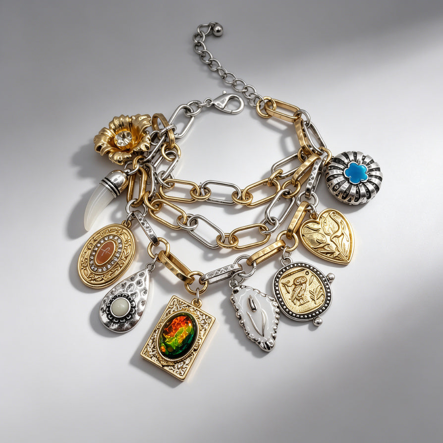 Pulsera Charms Vintage Mezcla Oro Plata, Diseño Boho Antiguo, Bisutería Mayorista para Joyería Moda Mujer