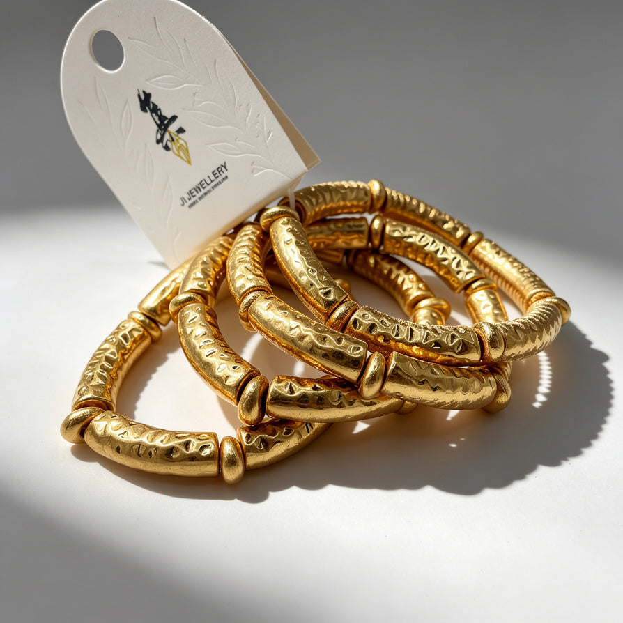 Pulseras elásticas de metal martillado, estilo boho-chic, acabado dorado/plateado, para mujer, joyería de moda al por mayor|JI JOYA