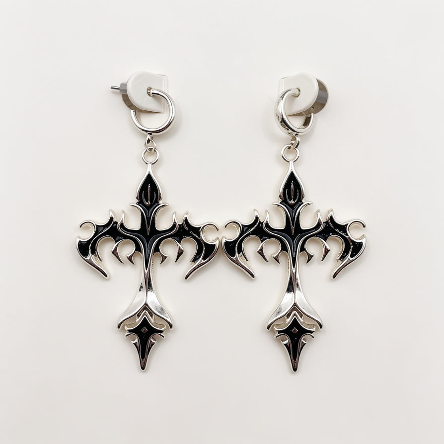 Pendientes de Cruz Gótica en Zinc con Esmalte Negro - Oro y Plata, Joyería de Moda al Por Mayor|JI JOYA