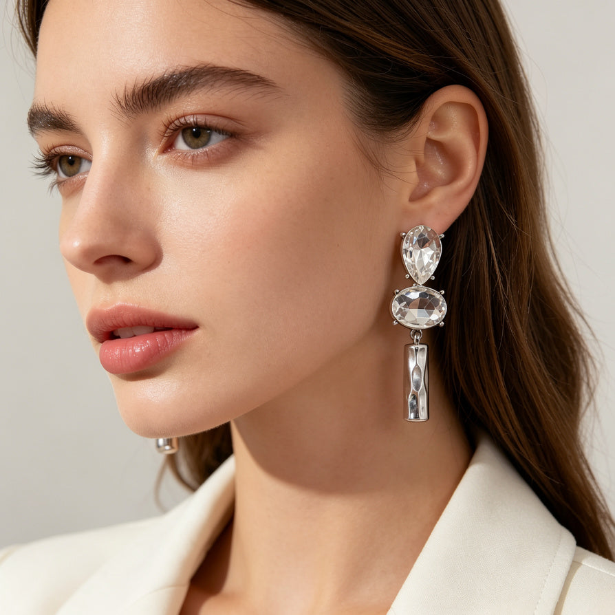 Pendientes de Cristal con Colgante Metálico | Diseño Lujo | Dorado/Plateado | Joyería Mayorista para Revendedores|JI JOYA