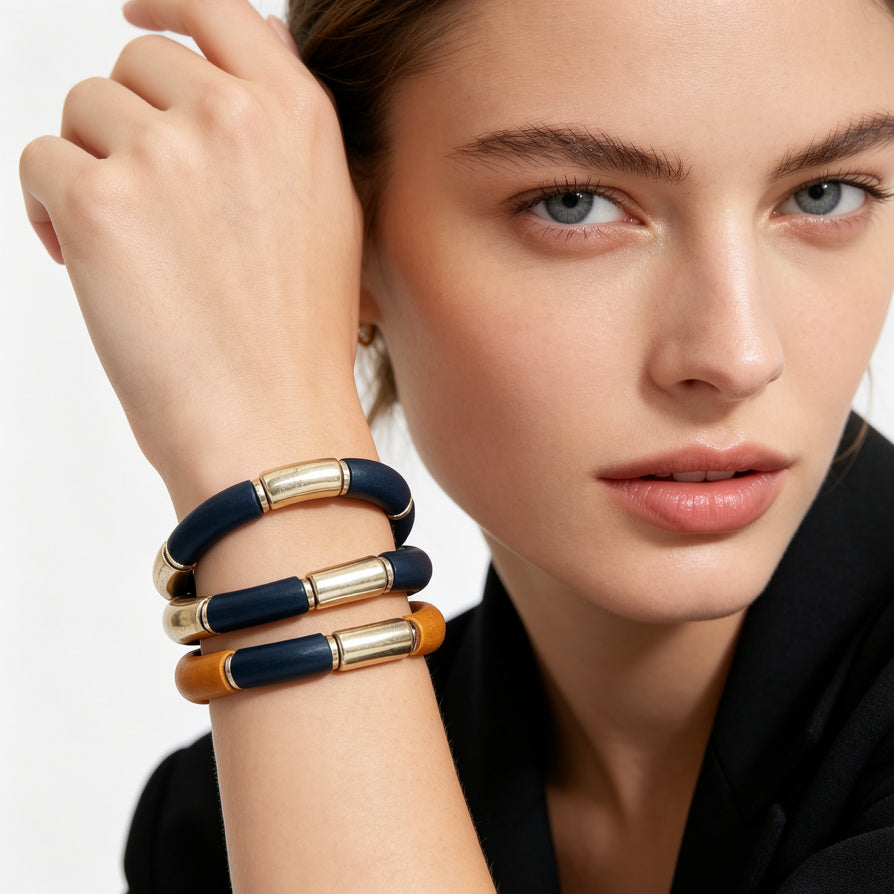 Pulseras Elásticas de 3 Piezas - Diseño Moderno Dorado/Plateado, Bisutería Mayorista para Mujeres|JI JOYA