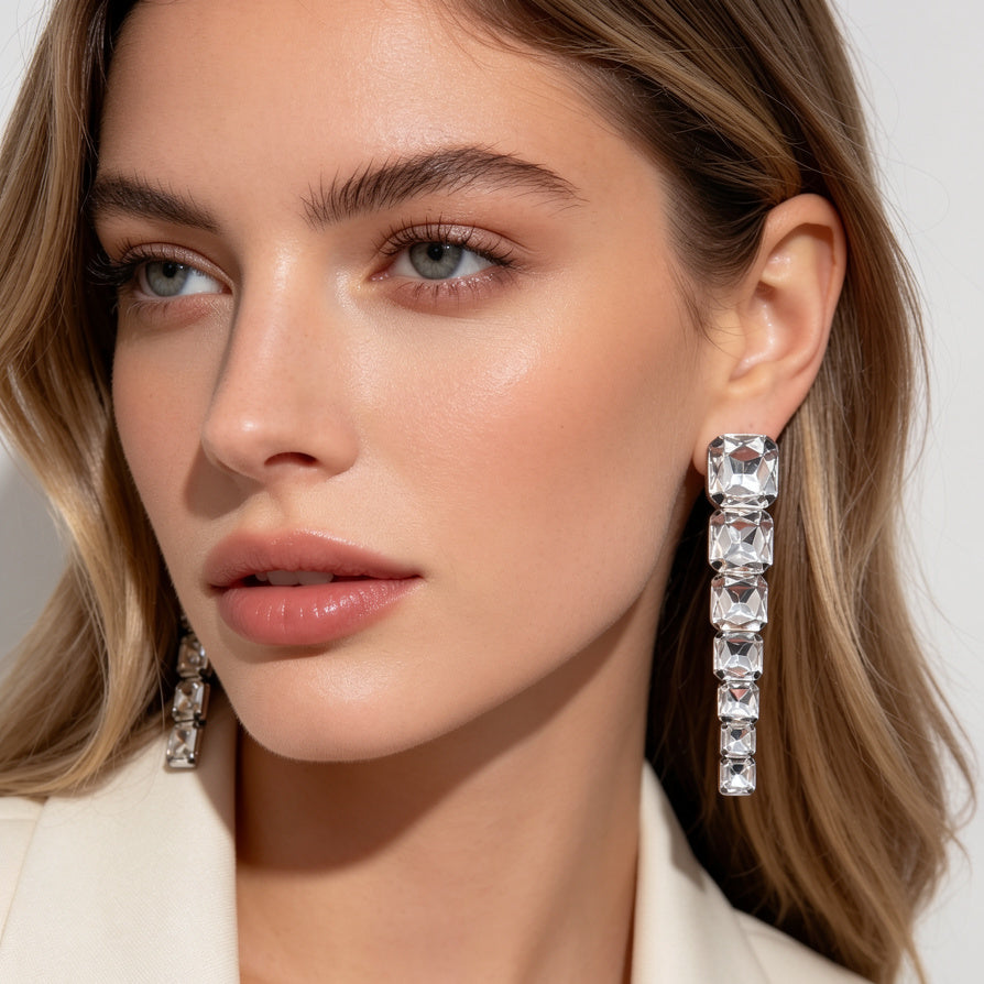 Pendientes Largos de Cristal Cuadrado - Bisutería de Moda al Por Mayor para Tiendas|JI JOYA