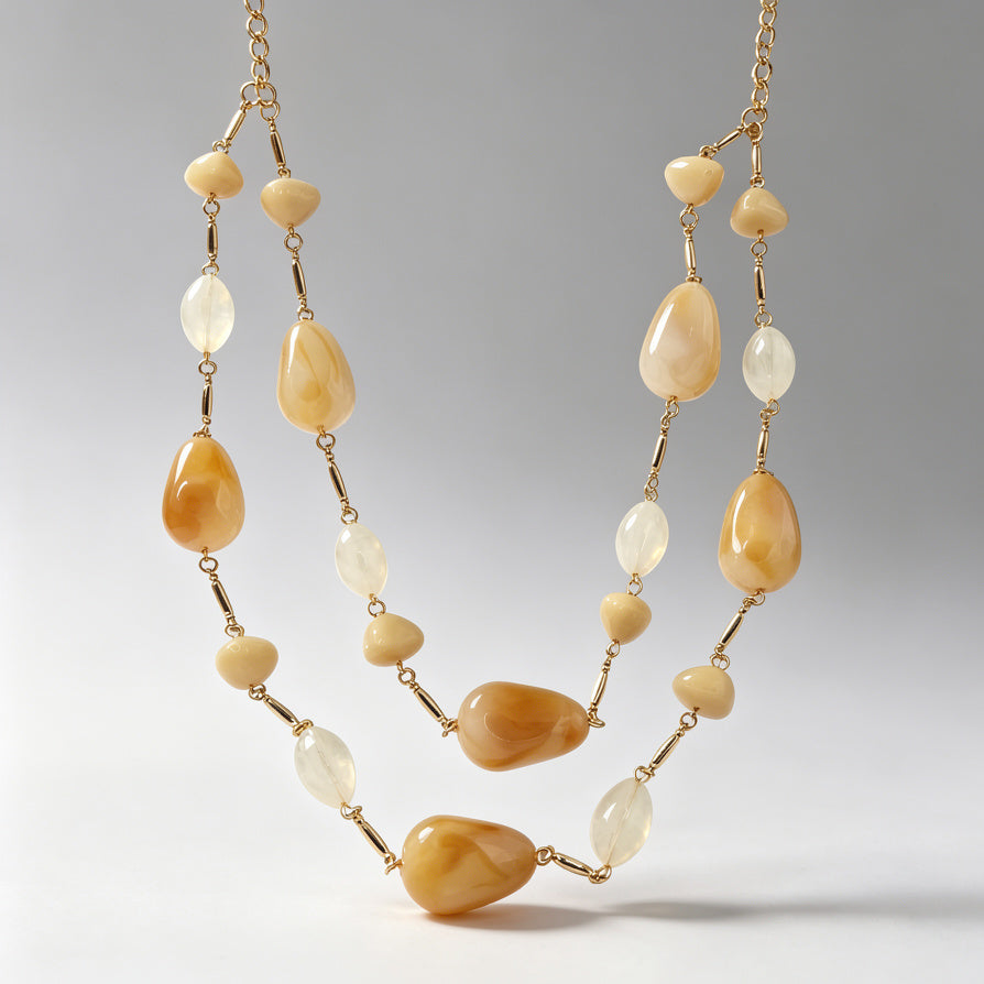 Collar Largo de Piedras Naturales en Tonos Miel y Crema - Joyería Elegante para Mujer|JI JOYA