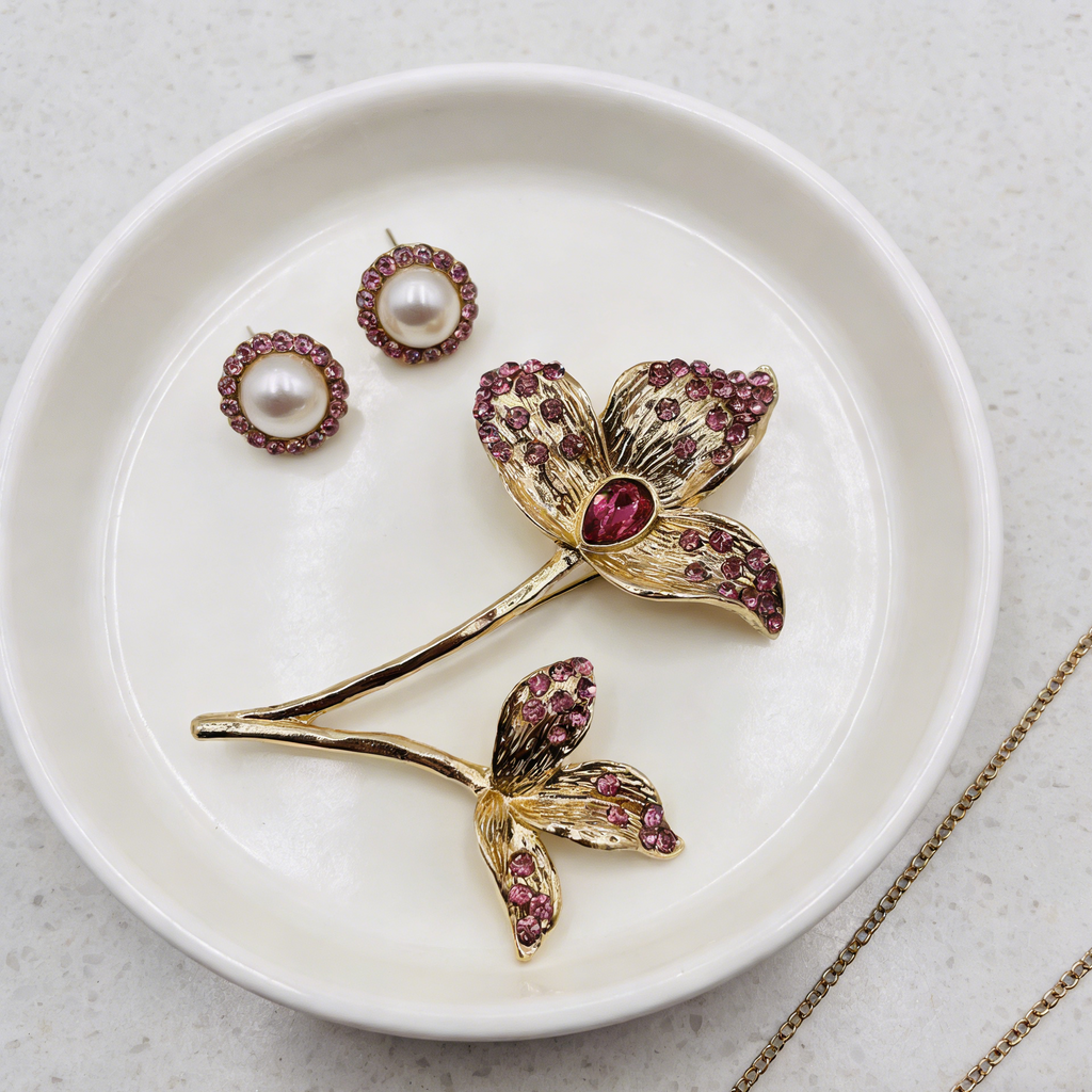Broche floral vintage de cristal rosa | Pin llamativo en tono dorado para mujer
