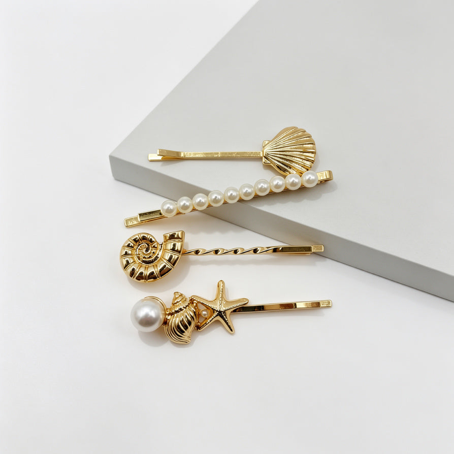 Set de 4 Pinzas para el Cabello de Mar - Concha, Estrella de Mar y Perla, Dorado, Mayorista|JI JOYA